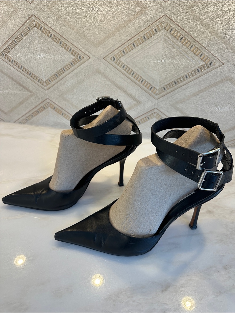 Manolo Blahnik Black Leather Pointed-Toe Double Buckle Ankle Straps